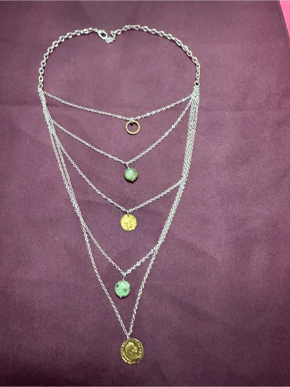 Accessorize Silver Layered Necklace with Green Stones and Gold Coins